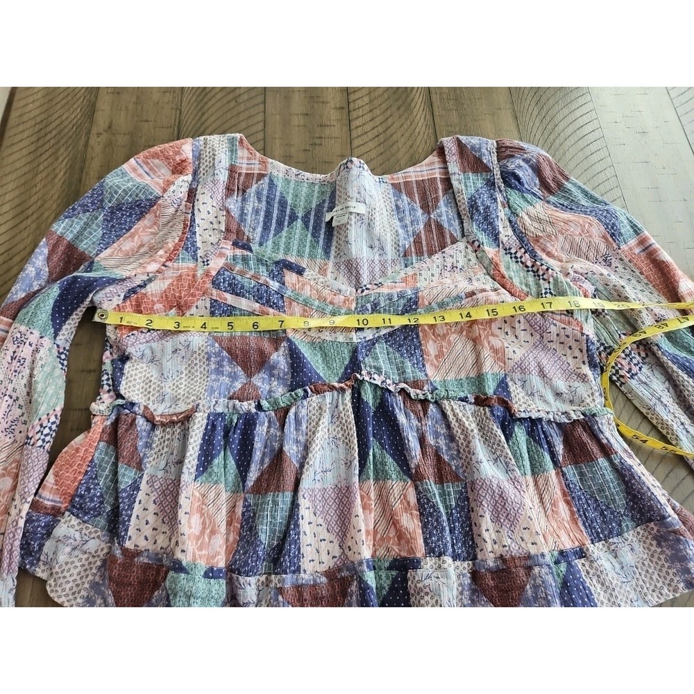 American Eagle Blouse M Pink Patchwork Babydoll Cropped Boho CottageCore Gauzey - Picture 9 of 14